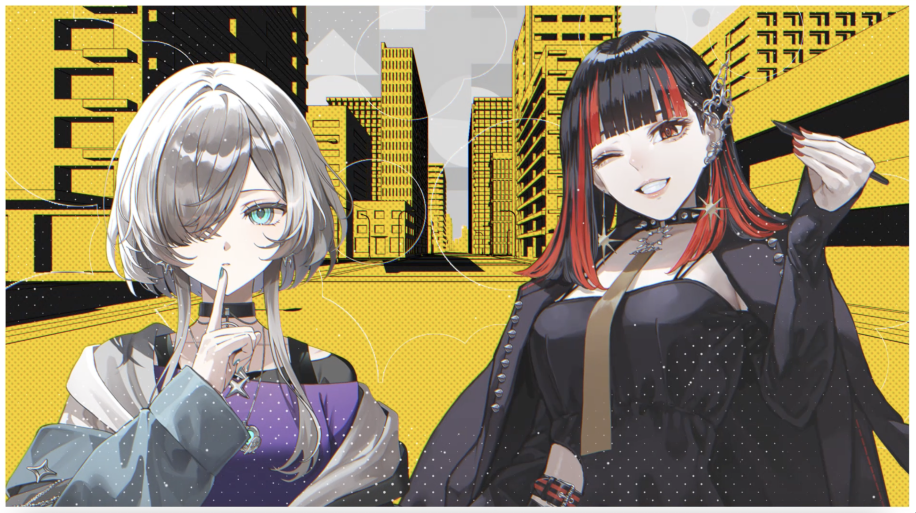 EchoVerseのビジュアル。黄色と黒の街並みを背景に並ぶ2人のVTuber